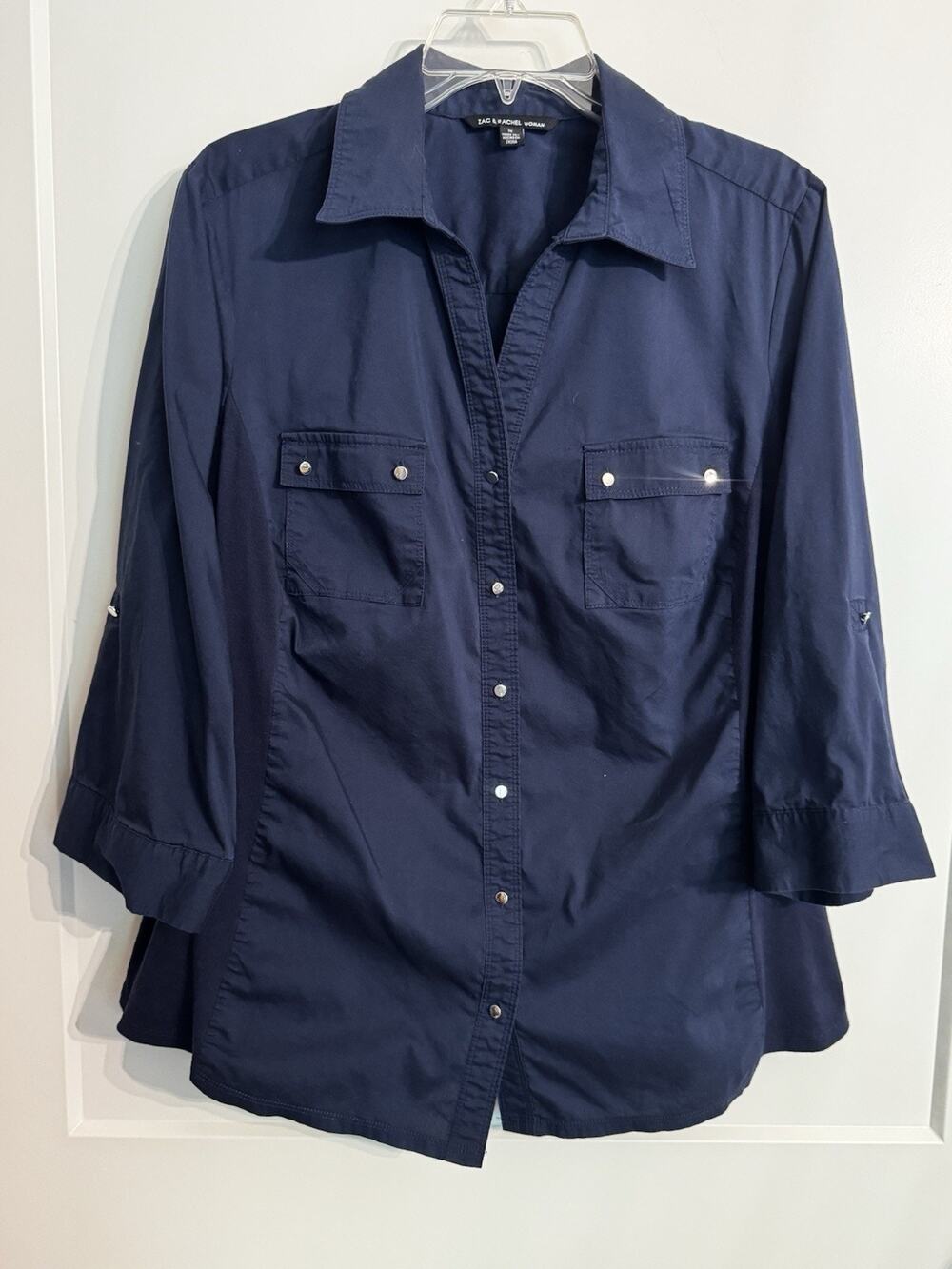 Zac & Rachael Plus 1X Navy Woven Knit Long Sleeve Button Up Tab Sleeve Work Fall